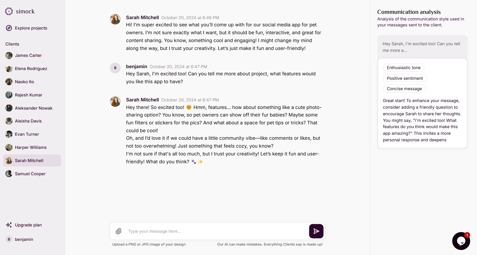 Simock AI Client Communication Simulator Interface for Designers